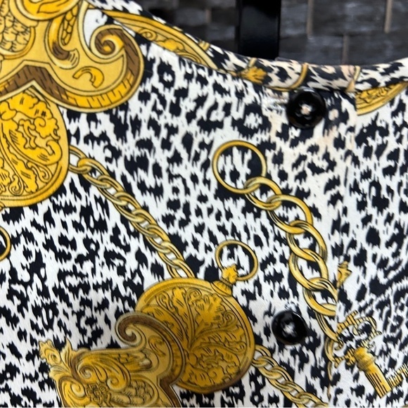 Dana Buchman retro silk blouse gold chain link over black and white print size 4 - Picture 6 of 9